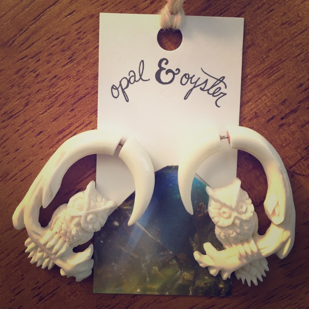 Two Owls in a Tree Hand-carved Bone Earrings